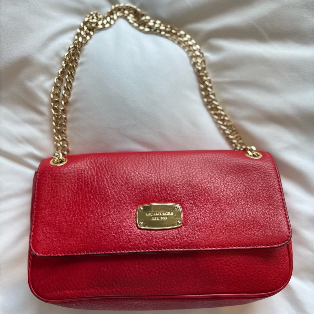 Michael Kors Red Pebble Leather Jet Set Chain Shoulder Flap Bag